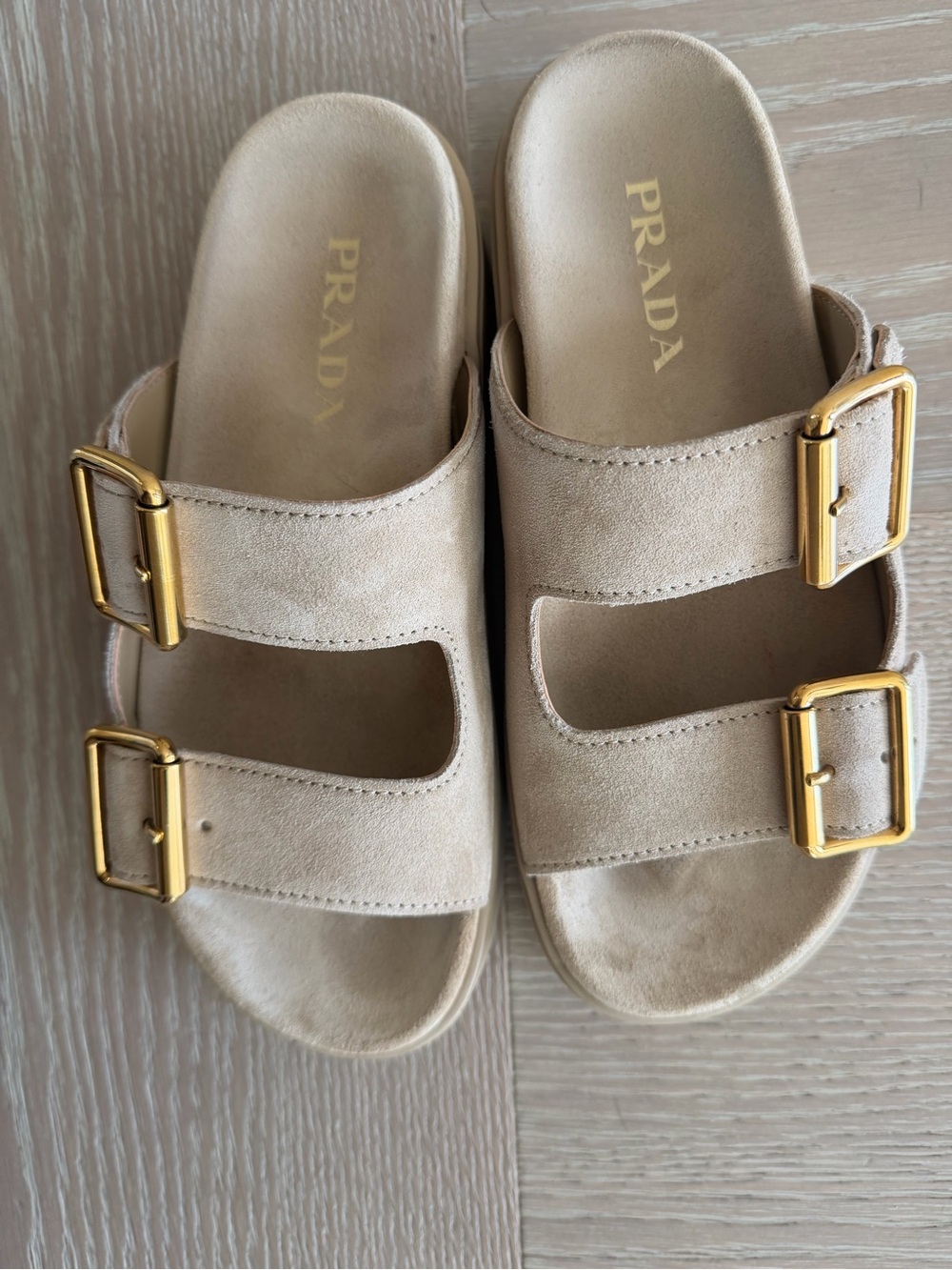 Prada Beige Suede Double-Buckle Slide Sandals with Gold Hardware - Picture 3 of 3